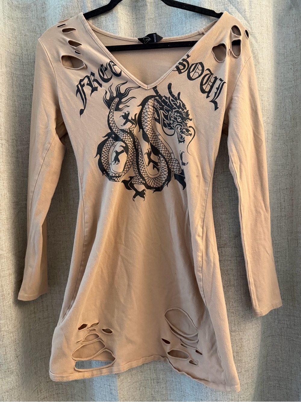 Beige Distressed Dragon Graphic Mini Dress
